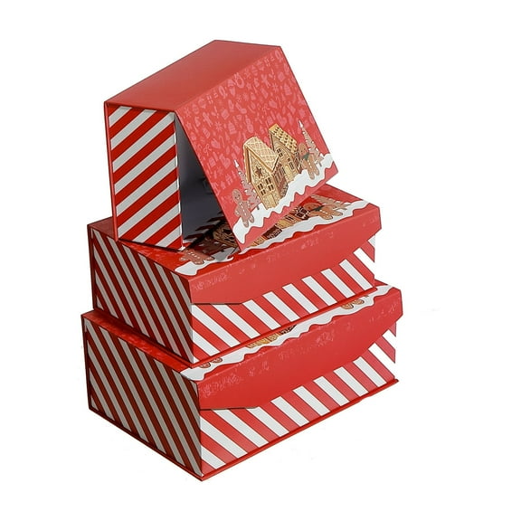 Maison Concepts Storage Baskets, Organization Solutions, Decorative Storage, Home Tidying, Paper, Multi Rect. Nesting Flip Lid Boxes (Gingerbread) (Set Of 3), Dimensions: 10.85L X 7.3W X 4.3H