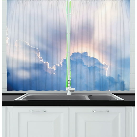 Ambesonne Sun Kitchen Curtains, Sunbeam and Fluffy Clouds, 55"x39", Pale Blue White