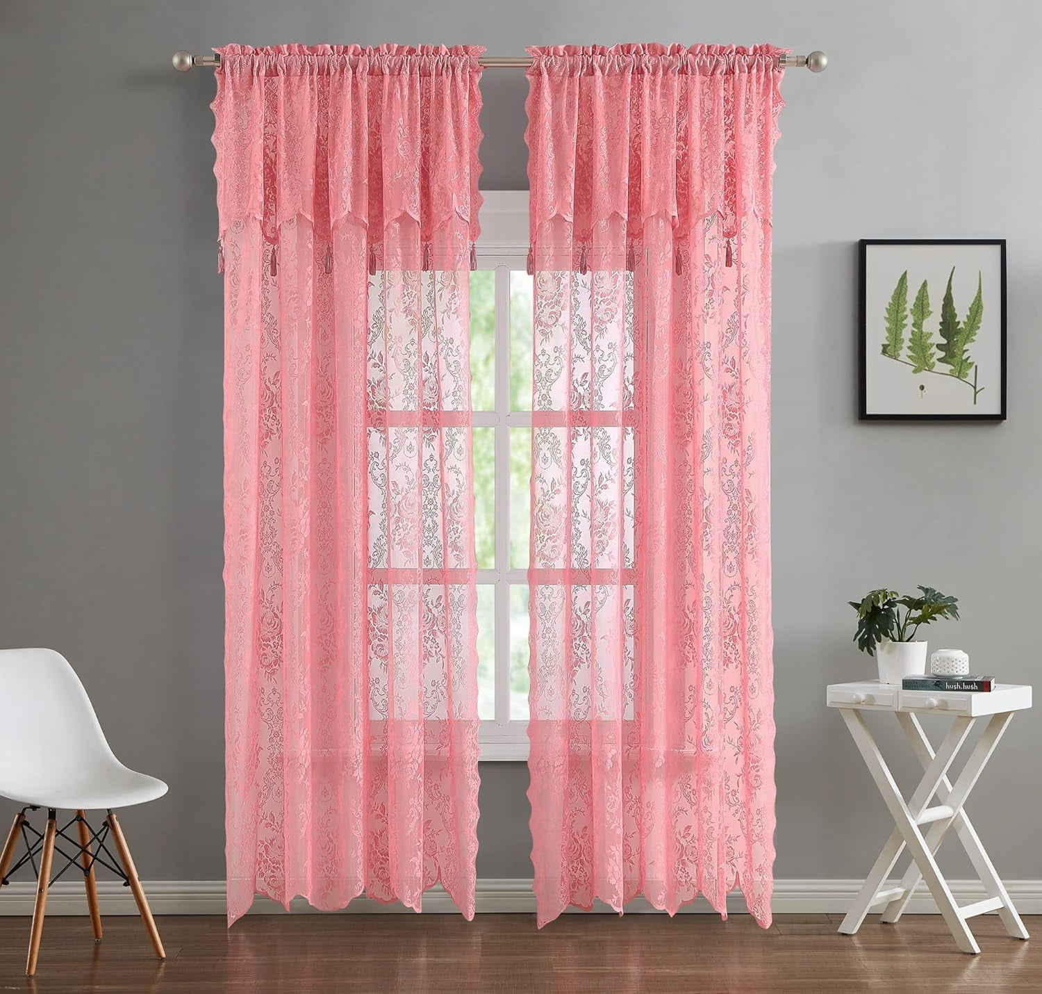 Warm Home Designs Pair of Standard Length 54” (W) 63” (L) Semi Sheer Pink Lace Curtains. L Rose 63