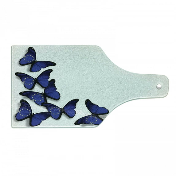 Europe Cutting Board, Simple European Union Flag Winged Blue Butterflies on Plain Background, Decorative Tempered Glass Cutting and Serving Board, in 3 Sizes, by Ambesonne
