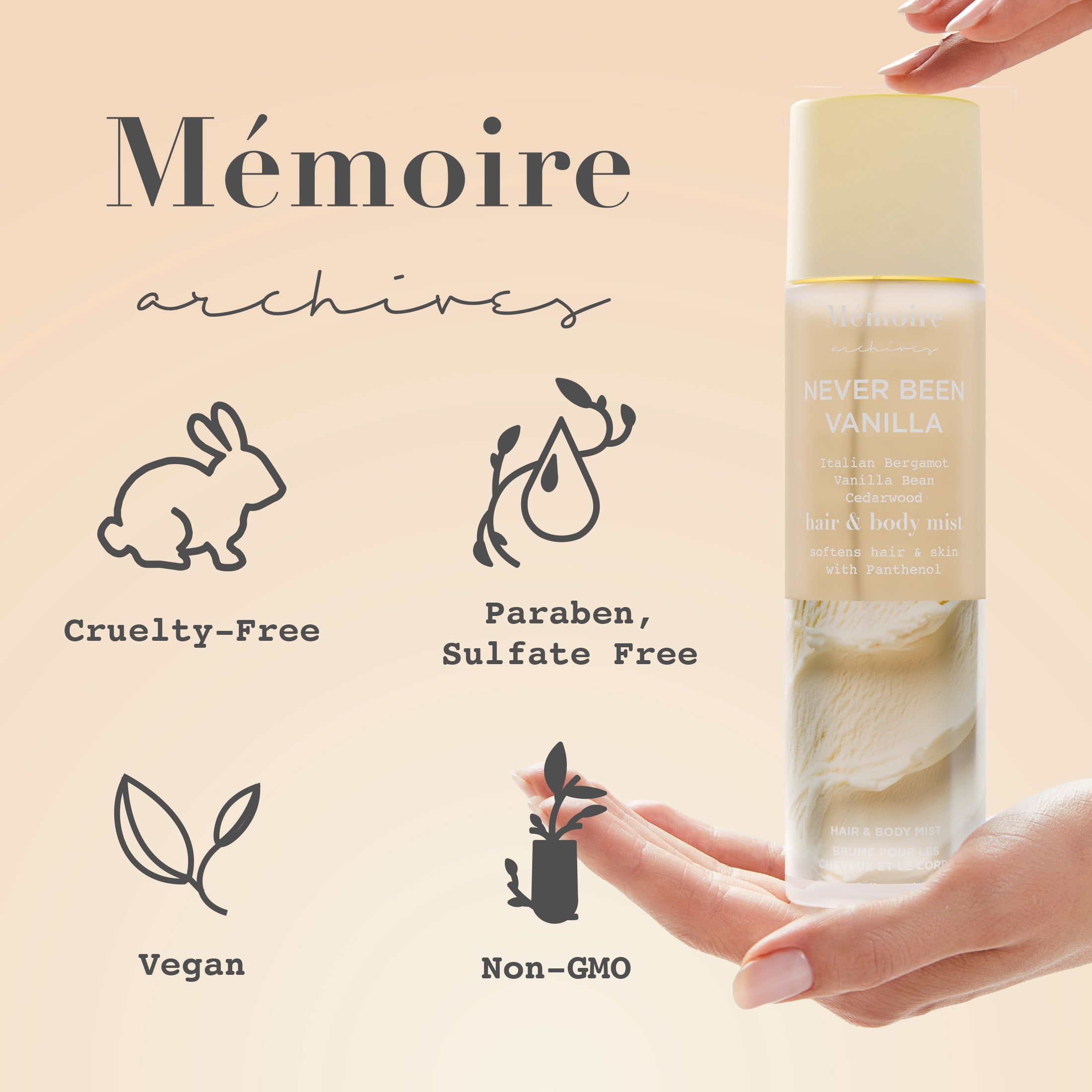 Mémoire Archives Never Been Vanilla Hair & Body Mist, Vanilla Gourmand Fragrance with Bergamot & Cedarwood, Hydrating Hair & Body Spray, 8 oz