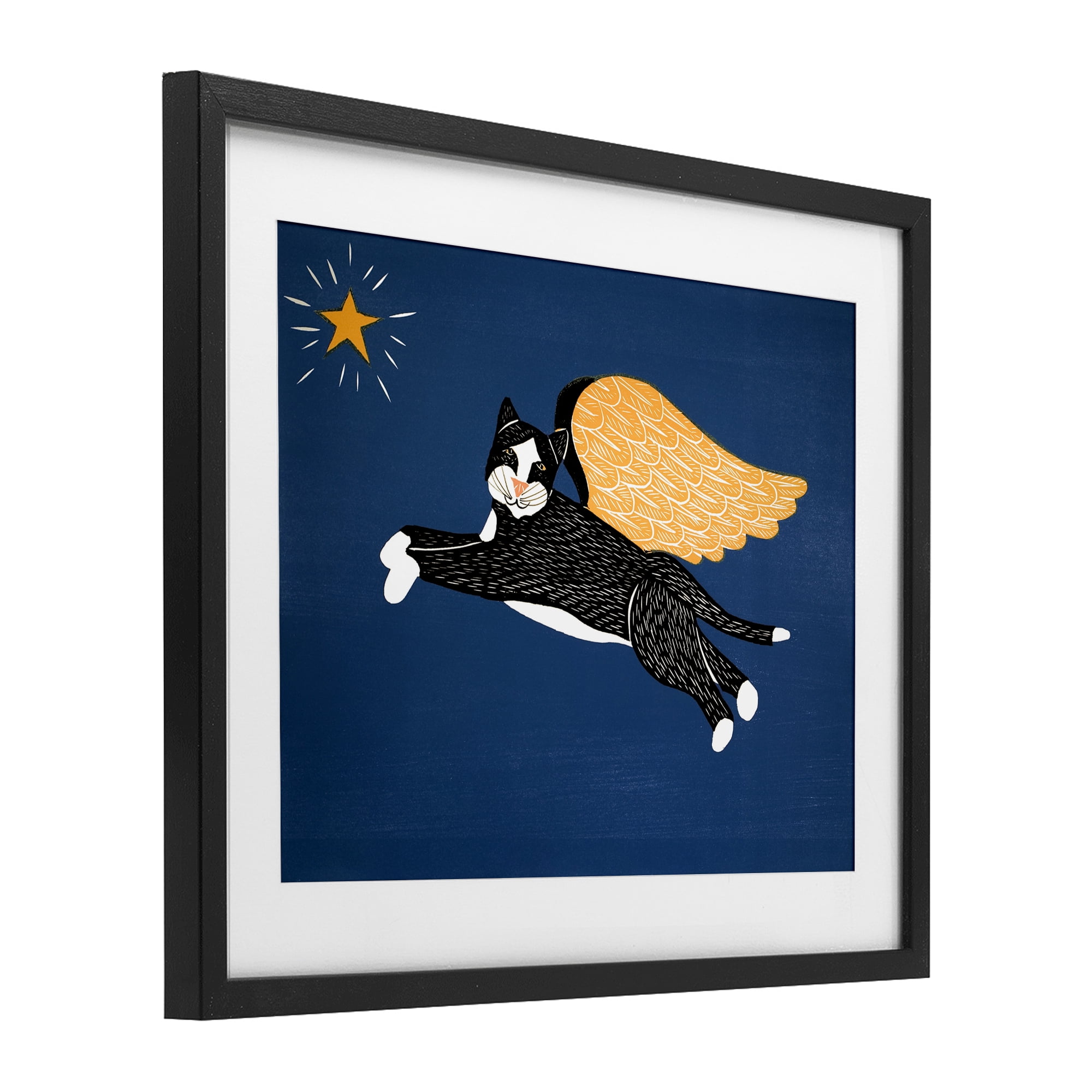 Angel Cat with Star Black Framed Print Under Glass, design by Stephen Huneck
