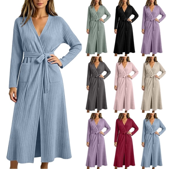 Naittoop Womens Robes Long Bathrobe Ribbed Knit Kimono Robe Soft Sleepwear Lightweight Robes with Pockets, Casual Ladies Loungewear