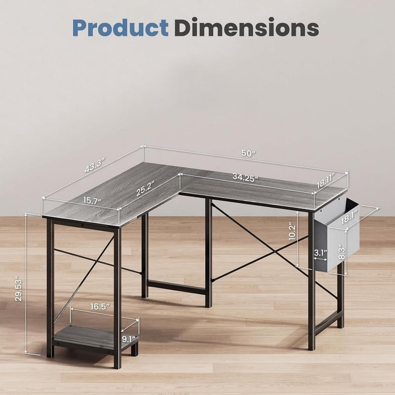 Kelno 50 Inch L Shaped Computer Desk Corner Desk with CPU Stand Side Storge Bag Study Writing Table, Grey