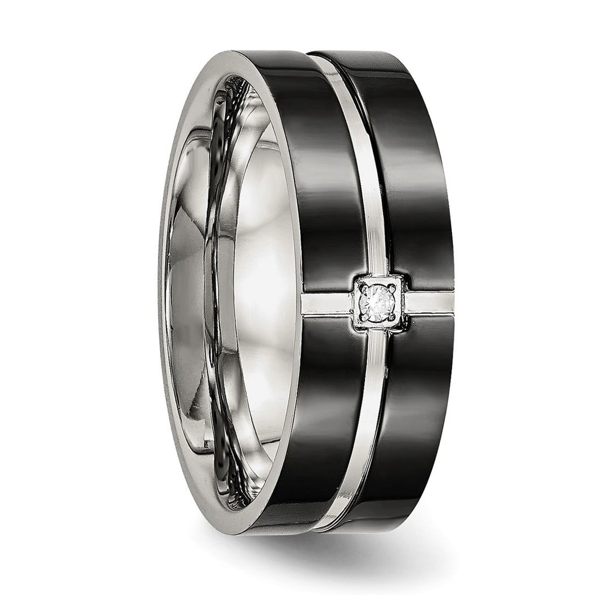 8mm Stainless Steel Polished Black Ip Grooved Cubic Zirconia Comfort Back Ring Size 12.5 Ring for Women