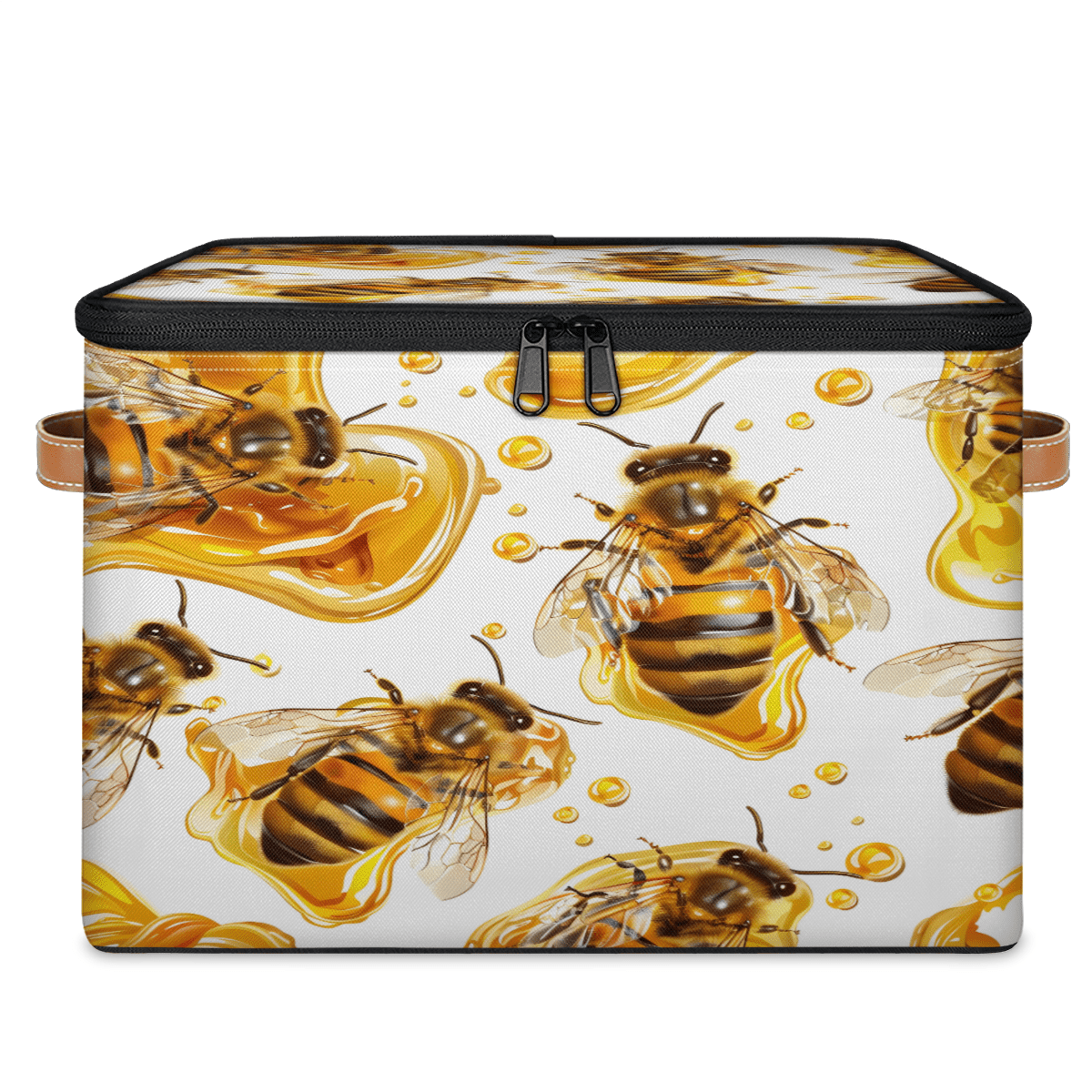 CURLYOOT Bee Fabric Storage Bins with Lids, Farmhouse Honey Bee Foldable Storage Boxes Washable Storage Cube, Closet Bedroom Home Organizer Containers with PU Leather Handles