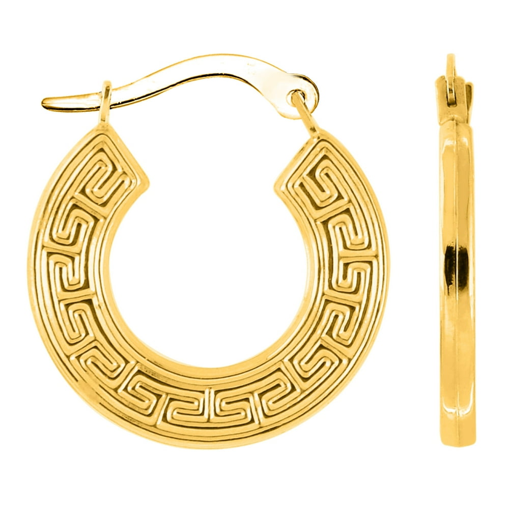 Jewelry Affairs 14K Yellow Gold Round Greek Key Hoop Earrings, Diameter 15mm