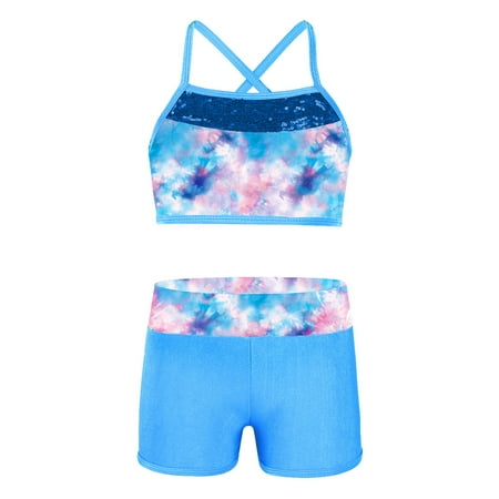DPOIS Kids Girls 2 Piece Mermaid Scales Ballet Dance Sports Bra Crop Top with Shorts Sea Sky Pink 8