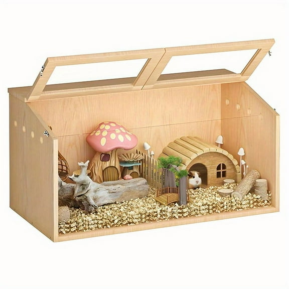 Solid Wood Hamster Cage with Double Doors & High-Transparency Acrylic Panels - Spacious Multi-Level Habitat with Mushroom House, Tree Stump, Tunnel & Sand Bedding for Small Pets