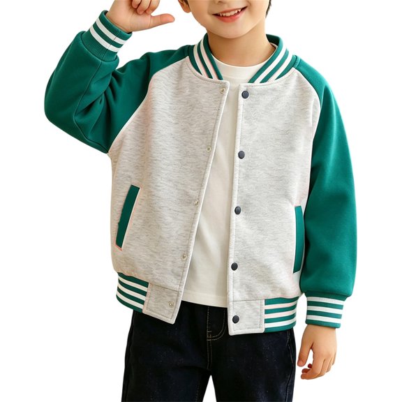 YunPes Boys Girls Varsity Jacket Snap Long Sleeve Baseball Outerwear with Striped Ribbed Cuff Fall Back to School Daily Jacket Coat