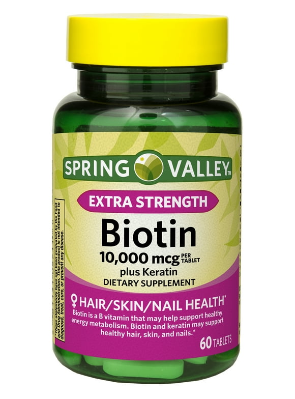 Spring Valley Extra Strength Biotin Plus Keratin Tablets Dietary Supplement, 10,000 Mcg, 60 Count