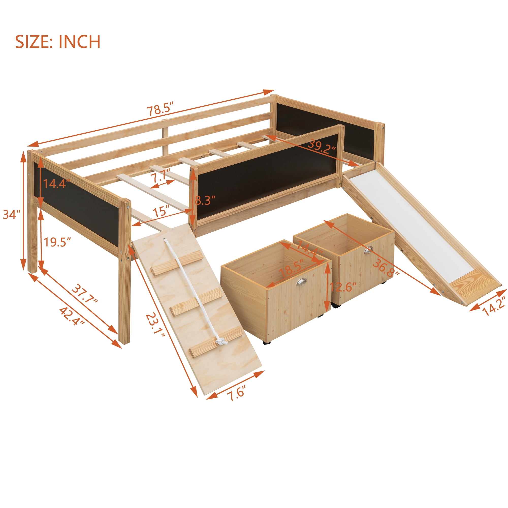 Gewnee Twin Size Wood Loft Bed with Slide,Climbing Frame,Two Movable Drawers and Chalkboard for Kids,Natural
