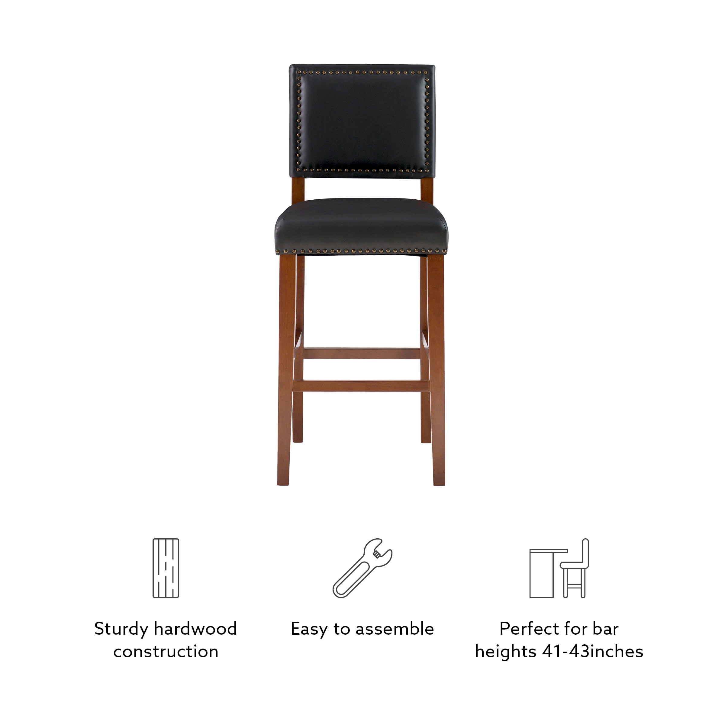 Linon Brook 30" High Back Bar Stool, Rustic Cherry/Black Faux Leather