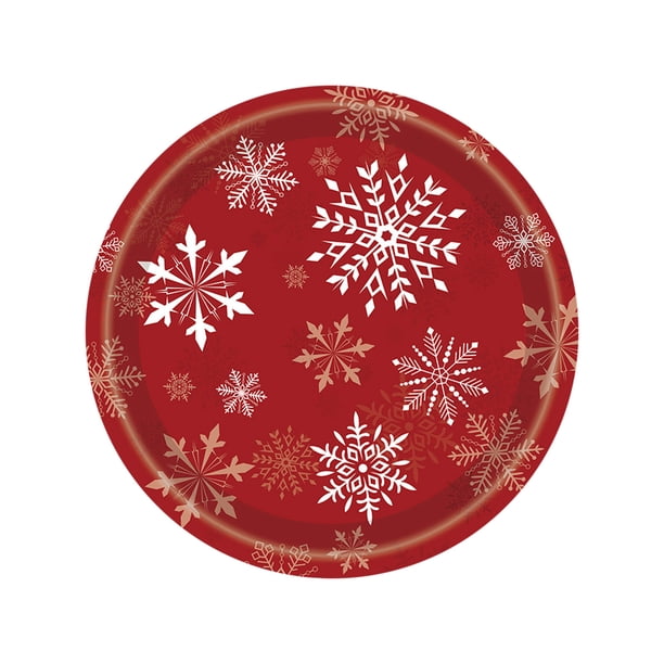Mom's Best Platos de papel navideños con copos de nieve rojos de 23 cm, desechables, para cena y postre, vajilla para fiestas, vajilla de Año Nuevo, recuerdo para barbacoa y picnic.