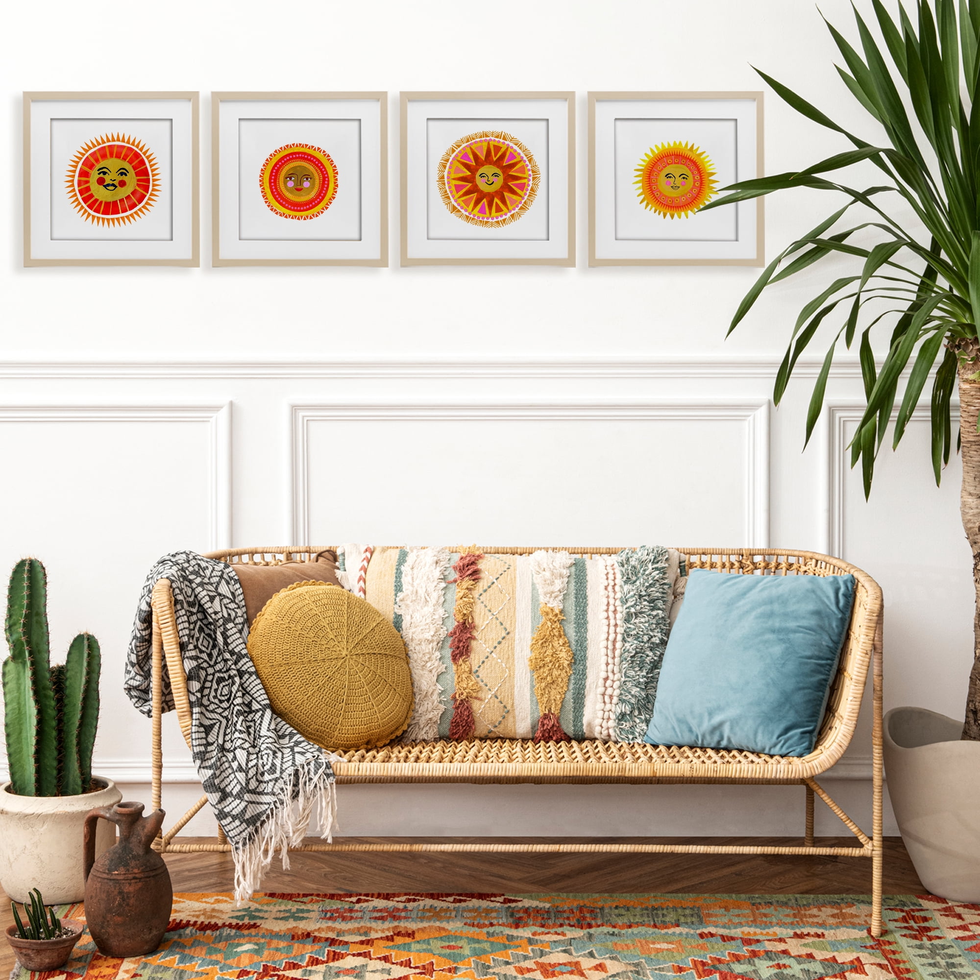 Stupell Industries Warm Happy Suns 4 Piece Birch Framed Print Under Glass Set, design by Katherine Herrell Studio