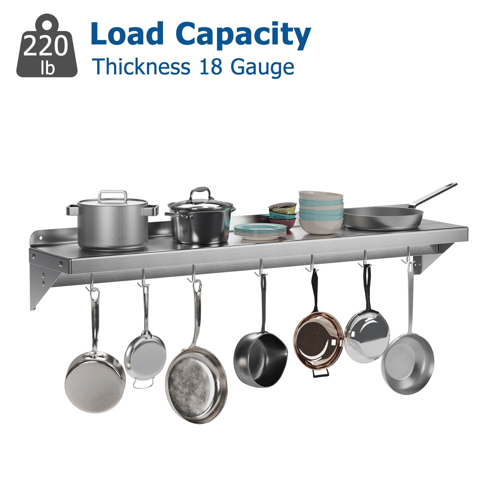 GARVEE 1-Tier Stainless Steel Wall Mount Shelf, 48" x 12" x 9.84", with 7 Hooks, 200 lb Capacity