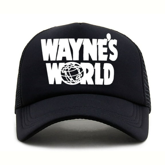 Wayne's World Baseball Cap Adjustable Breathable Mesh Trucker Hat with Embroidered Logo, Lightweight Unisex Dad Hat for Halloween Cosplay, Casual Wear (Black/White), Cosplay Accessory, Embroidered