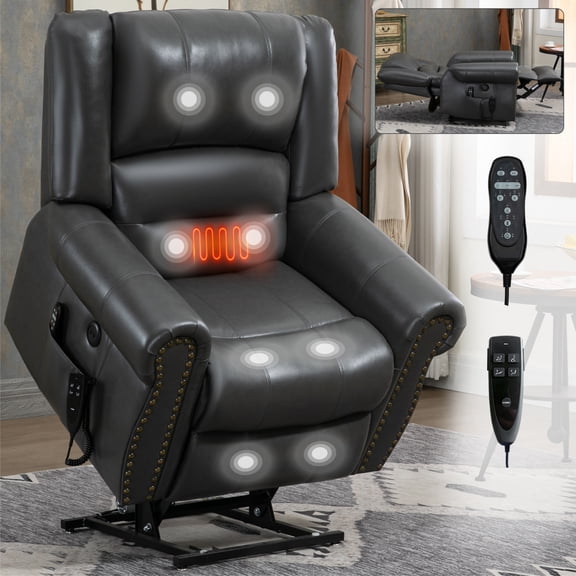 Dual Motor Power Lift Chair, Lay Flat Recliner Chair, Electric Recliner with Massage and Heat for Elderly, Remote Control, Infinite Position, Standing Assistance, USB Ports, Genuine Leather, Brown