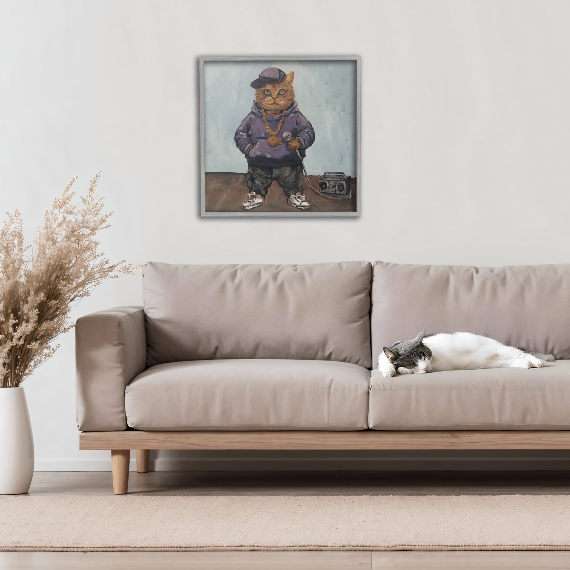 Stupell Industries Urban Hip-Hop Cat Gray Framed Giclee Art, design by Studio Bautista