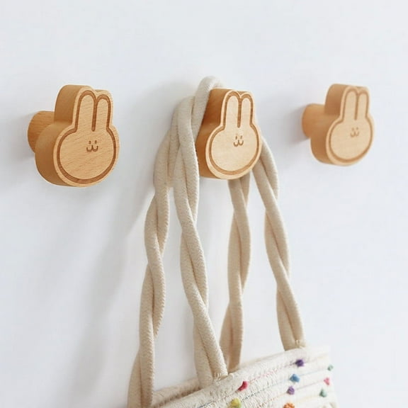 Rwvbm Natural Beech Wood Wall Mounted Coat Hooks, Cute Rabbit Shape Decorative Hanger, No-Drill Adhesive Hooks for Entryway, Bedroom and Bathroom