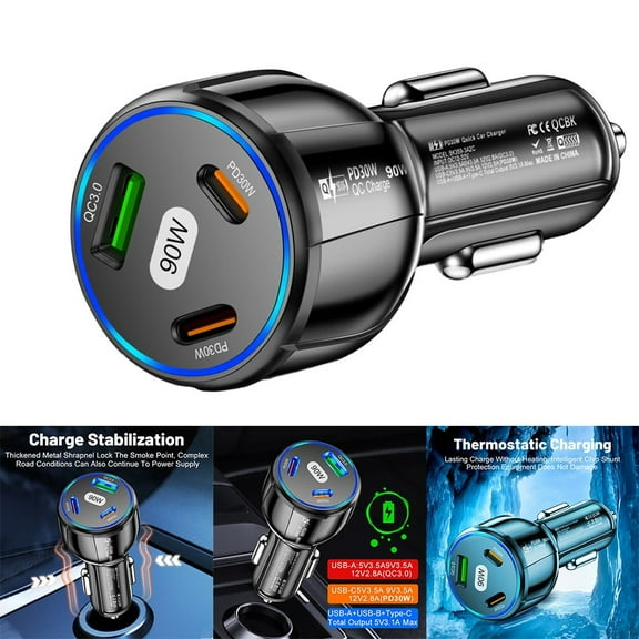 3 Ports Car Charger 90W 12-32V LED Fast Charge PD USB C Type C Universal Adapter Auto 3 In 1 Quick Charge Car Charger