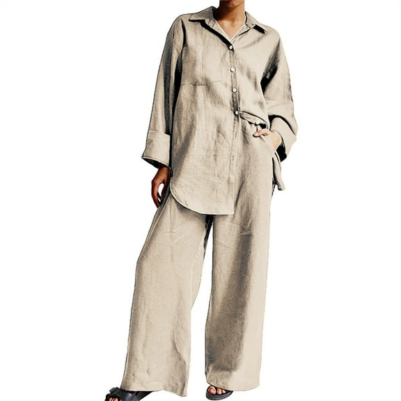 Prolriy Womens 2 Piece Outfits 2 Piece Cotton Linen Outfits for Women Summer Dressy Business Work Suits Streetwear Button Down Tops and Pants Suit Womens Tops and Pants Outfits Beige L