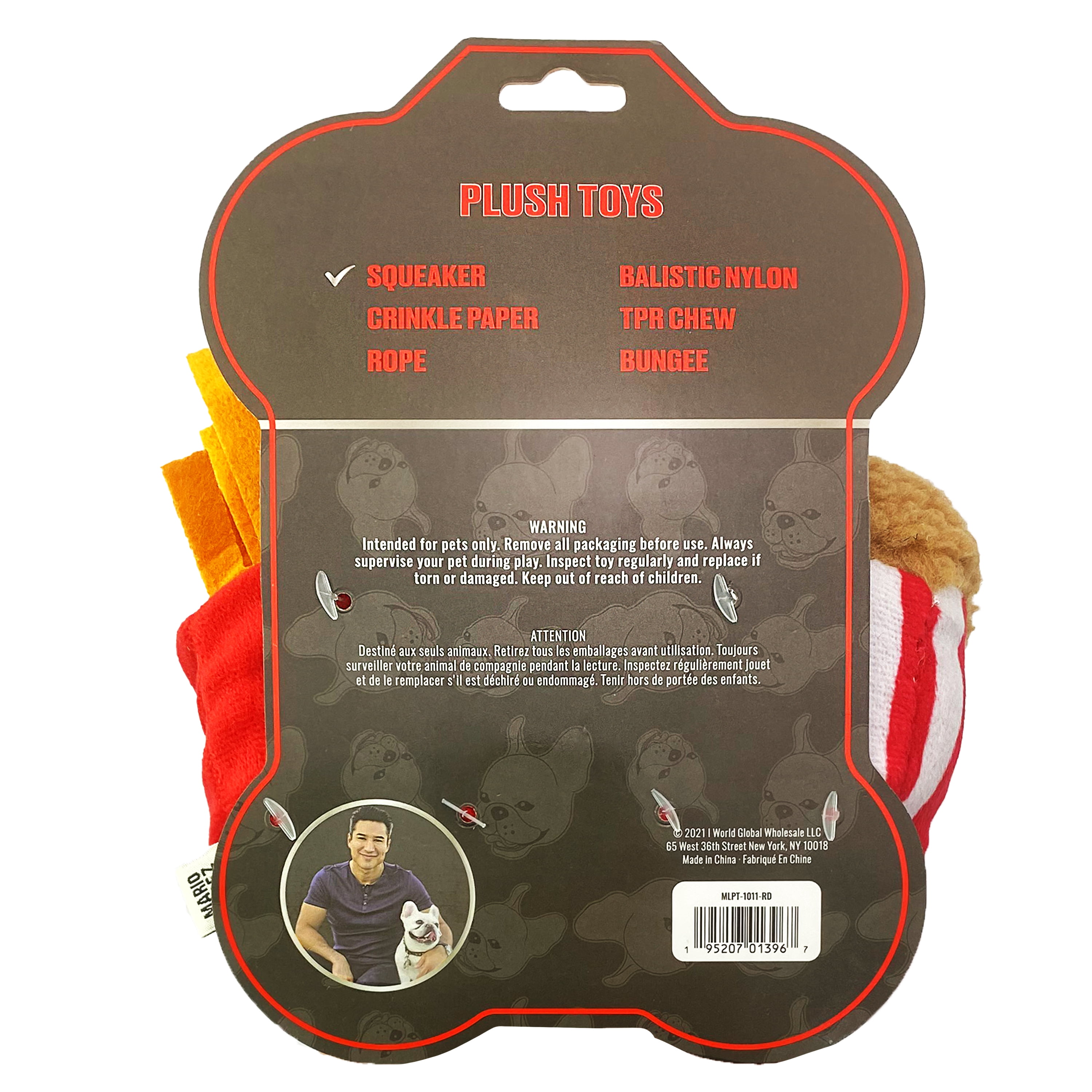 Mario Lopez Pet Toys - 2 Pack Plush Pupcorn and Frenchie Fries Dog Toys - Red