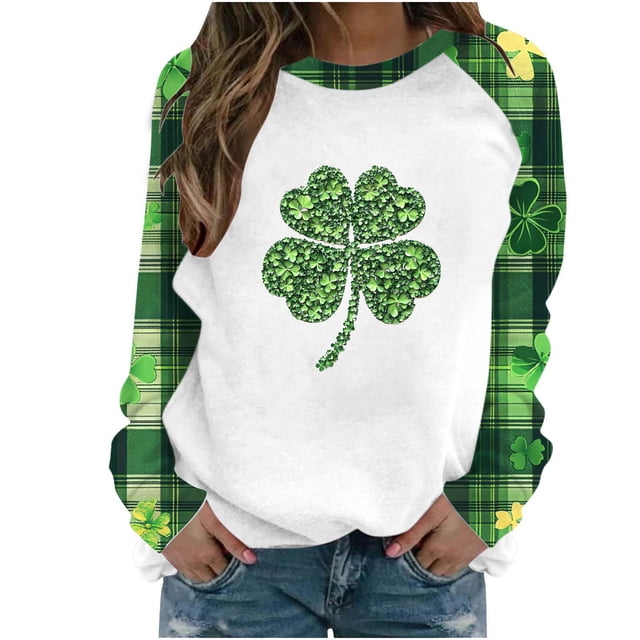 Wo-Fusoul Chandail de la Saint-Patrick pour Femmes, Coupe Ample Décontractée à Manches Longues Imprimé Col Rond, Vert