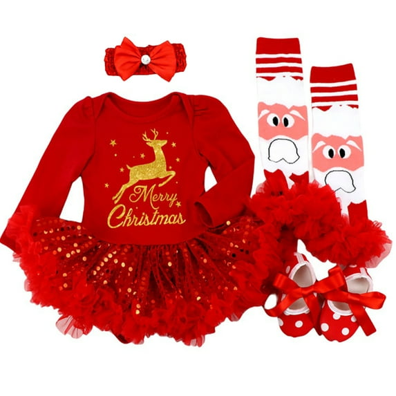 Maxcozy Infant Baby Girls Christmas Deer Outfit Romper Tutu Skirt+ Headband +Leg Warmer +Shoes Set 3-6 Months