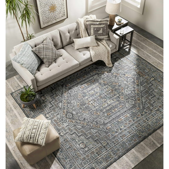 Hauteloom Akle Wool Living Room, Bedroom Area Rug - Traditional - Charcoal, LightGray, Peach - 10' x 14'
