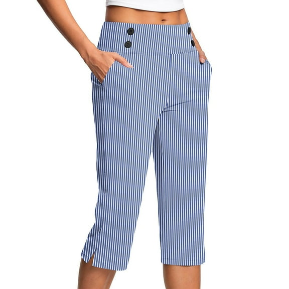 Caywon Women's Plus Size Spring Autumn Stretchy Comfortable Striped Printed Capris Pants Slim Fit with Button Pockets Casual Cropped Trousers for Daily Office Plus Size Fashion Blue S
