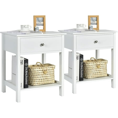 SolaceHue Nightstand Set of 2 Wood End Table with Drawer and Open Shelf Night Stand for Small Spaces 2-Tier Bedside Table for Living Room Bedroom Dorm Easy Assembly White