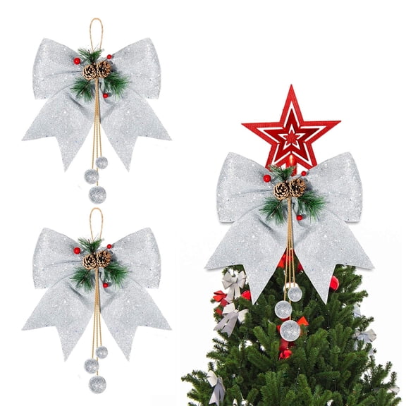 XEAZON 2PCS Christmas Bows Decorations, Silver Wreaths Ribbon Bows for with Bells Pine Cone, Xmas Tree Hanging Ornaments for Home Christmas Tree Party Holiday Outdoor Indoor, 9.8 x 11.8 inch