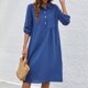 thumbnail image 1 of Puntoco Vestido De Algodón Y Lino De Color Sólido Con Botones Y Cuello Redondo De Manga Corta Para Mujer A La Moda Azul Xxl,Regalos Para Mujer Joven, 1 of 6