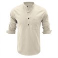 thumbnail image 3 of Mens Long Sleeve Linen Shirt 1/2 Button Solid Stand Collar Pullover Dress Shirt Chest Pocket Casual Cozy Tops, 3 of 4