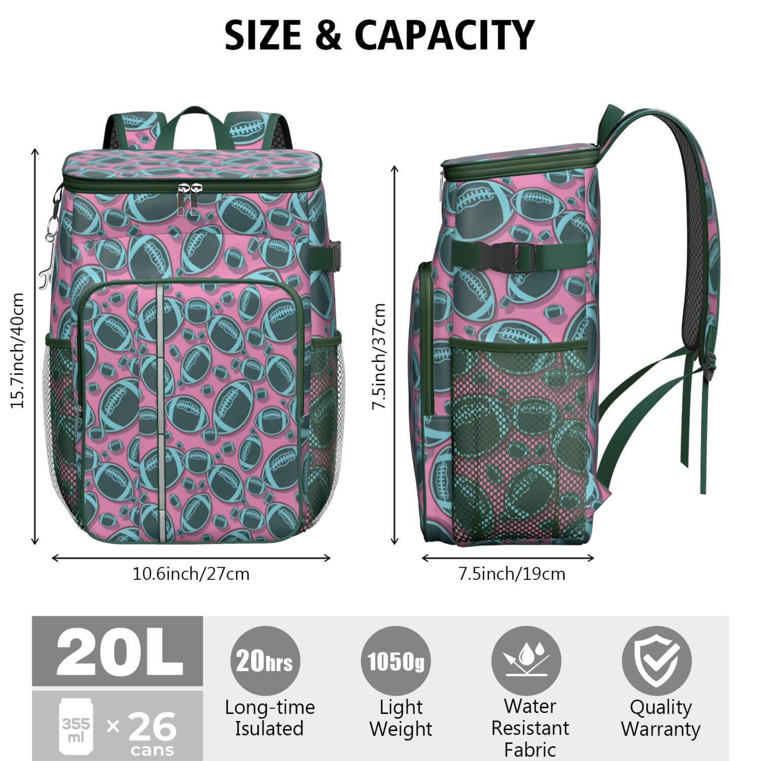 Travel Cooler Bag - Football Pattern Camping Beer Cooler Backpack with Bottle Opener- Waterproof Insulated Picnic Backpacks - Cooler Bag for Beach