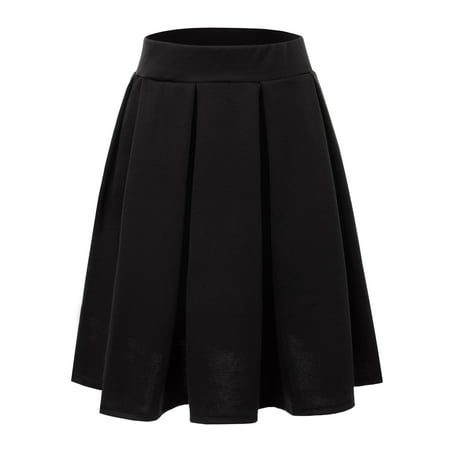 Doublju Women's Elastic Waist Flare Pleated Skater Midi Skirt BLACK