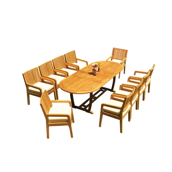 Grade-A Teak Dining Set: 10 Seater 11 Pc: 94" Mas Oval Trestle Leg Table And 10 Maldives Arm Chairs Outdoor Patio WholesaleTeak #51ML2311