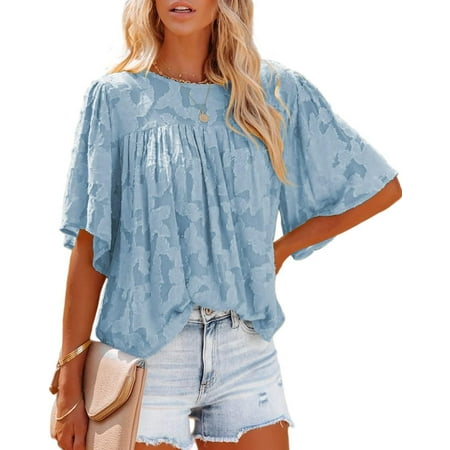 Womens 3/4 Bell Sleeve Blouse Summer Crewneck Lace Tops Floral Textured Babydoll Shirts