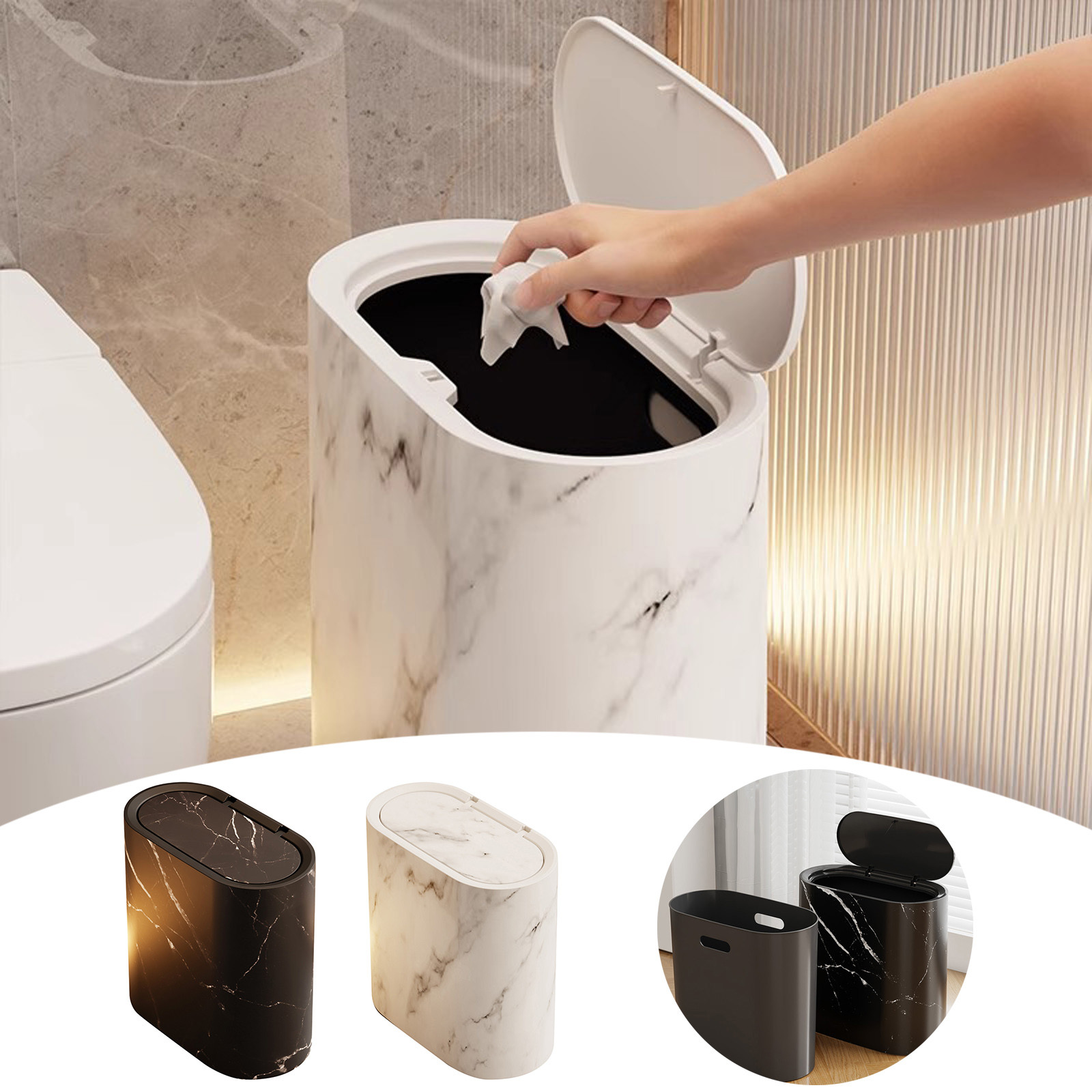 Bathroom Cans with Lids, Marble Wood Pattern Can, Detachable Inner, Small Garbage Bin with Press Type Lid, Narrow Wastebasket for Bathroom Home Indoor Hotel,White/2Pack