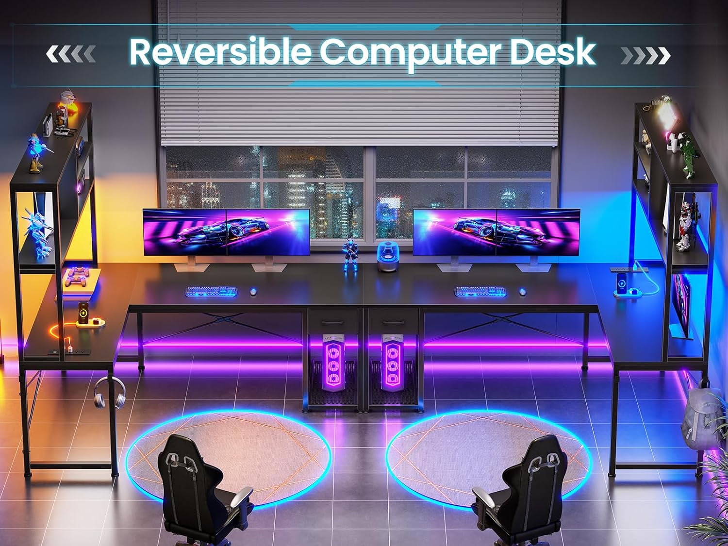 51" L Shaped Desk wtih Power Outlets and Storage, Reversible Gaming Desk with Drawer and Open Shelves, Small Computer Desk Corner Desk with LED Lights for Home Office, Bedroom, Small Space, Black