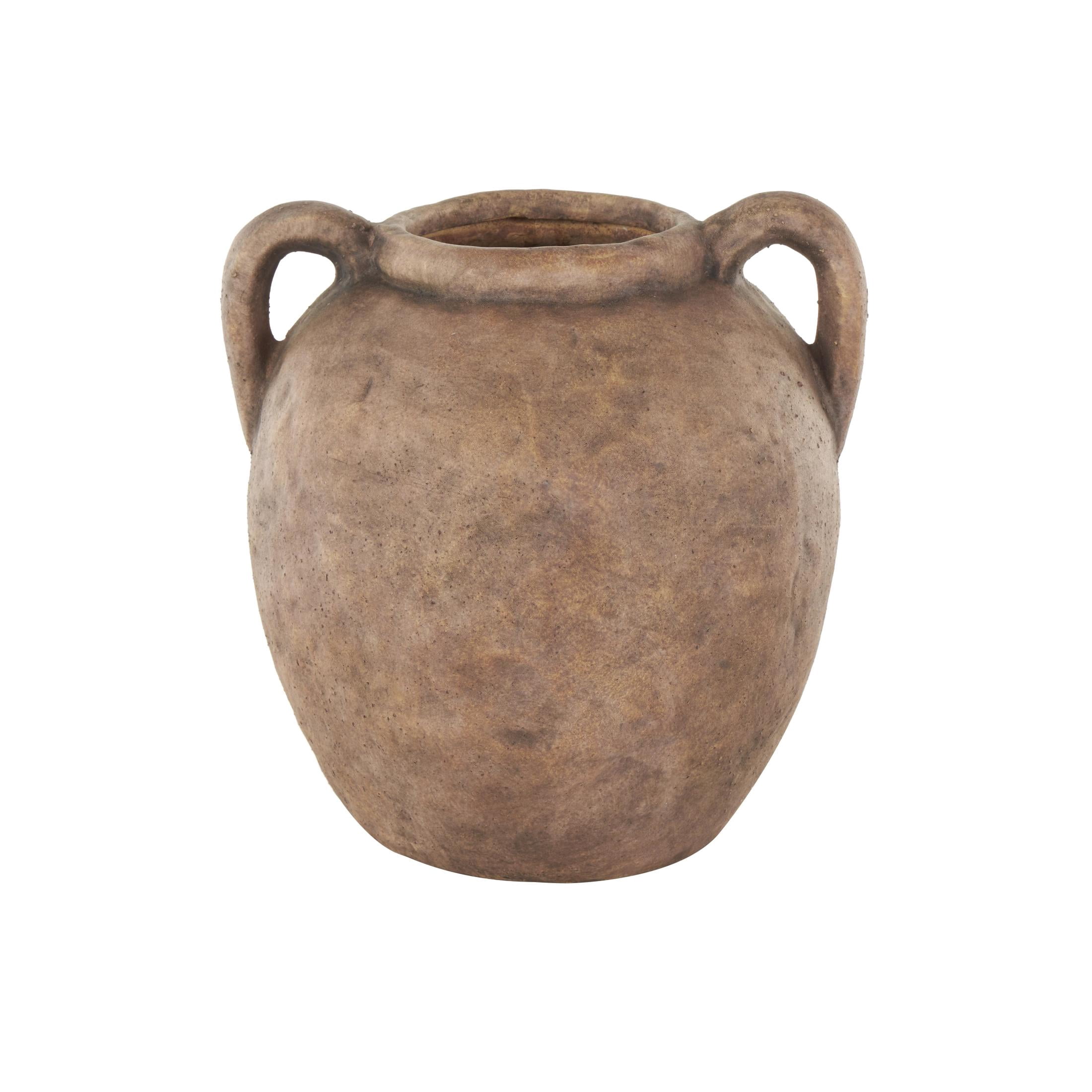 DecMode 10" Antique Style Textured Brown Ceramic Vase with Handles