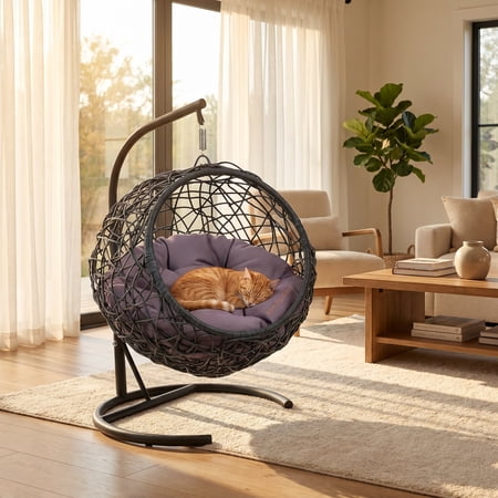 Gray Cat Swing Bed with Stand & Cushion, Rattan Wicker Egg Hanging Chair, Indoor Outdoor Pet Hammock Swing for Cats Dogs Small Animals Bedroom Porch