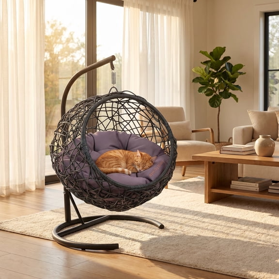 Gray Cat Swing Bed with Stand & Cushion, Rattan Wicker Egg Hanging Chair, Indoor Outdoor Pet Hammock Swing for Cats Dogs Small Animals Bedroom Porch