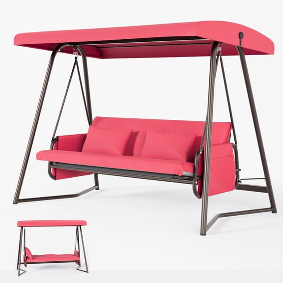 3 Seat Outdoor Swing With Canopy, 600lbs Porch Swing With Stand, 2-In-1 Convertible Swing Bed, Patio Swings With Adjustable Canopy And Cushion, For Yard Garden Deck