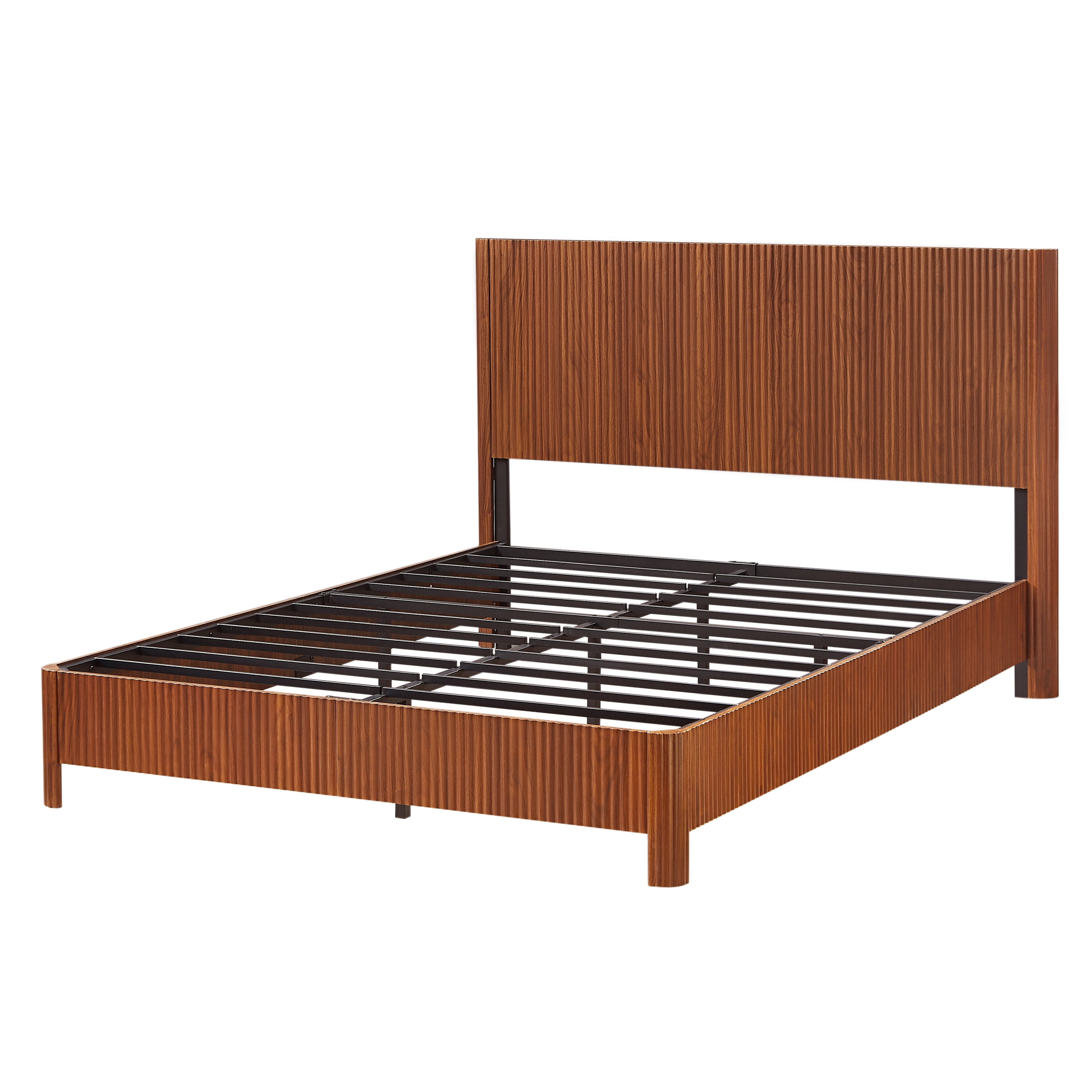Platform Bed Frame, Wood Design Bed, Queen Size Metal and MDF Bed Frame with 13 Slats and Rounded Corners, No Box Spring Needed, Modern Bedroom Furniture, Walnut