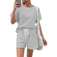 thumbnail image 2 of Womens 2 Piece Sets Summer Lounge Sets Striped Short Sleeve Oversized T Shirts Drawstring Shorts Matching Set, 2 of 5