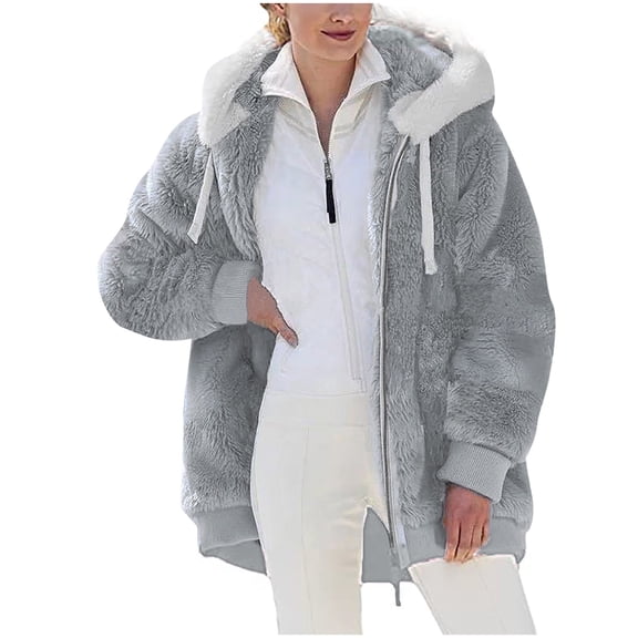 Livrdious Winter Long Coats for Women Plus Size Winter Warm Loose Plush Zip Hooded Jacket Coat Gifts Christmas Gift