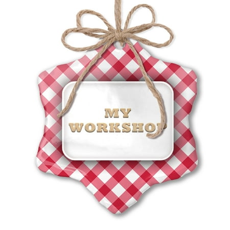 

Christmas Ornament My Workshop Light Wood Block Red plaid Neonblond