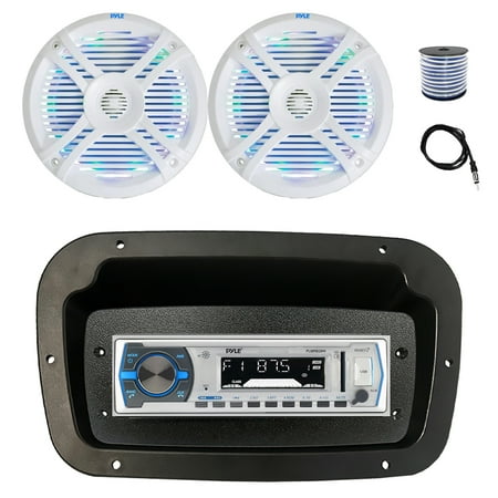 Pyle PLMRB29W Single DIN Bluetooth Marine MP3 Stereo Receiver Spa bezel Adapter Plate 22 Radio Antenna Wire 2x 6.5 250 Watt Max 2-Way Waterproof Multicolor LED Audio Speakers (White)